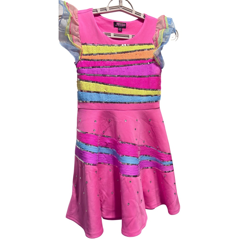 JoJo Siwa Skater Dress Kids Size 7/8 Pink Excellent Sequin Ruffle Sleeve Skirt